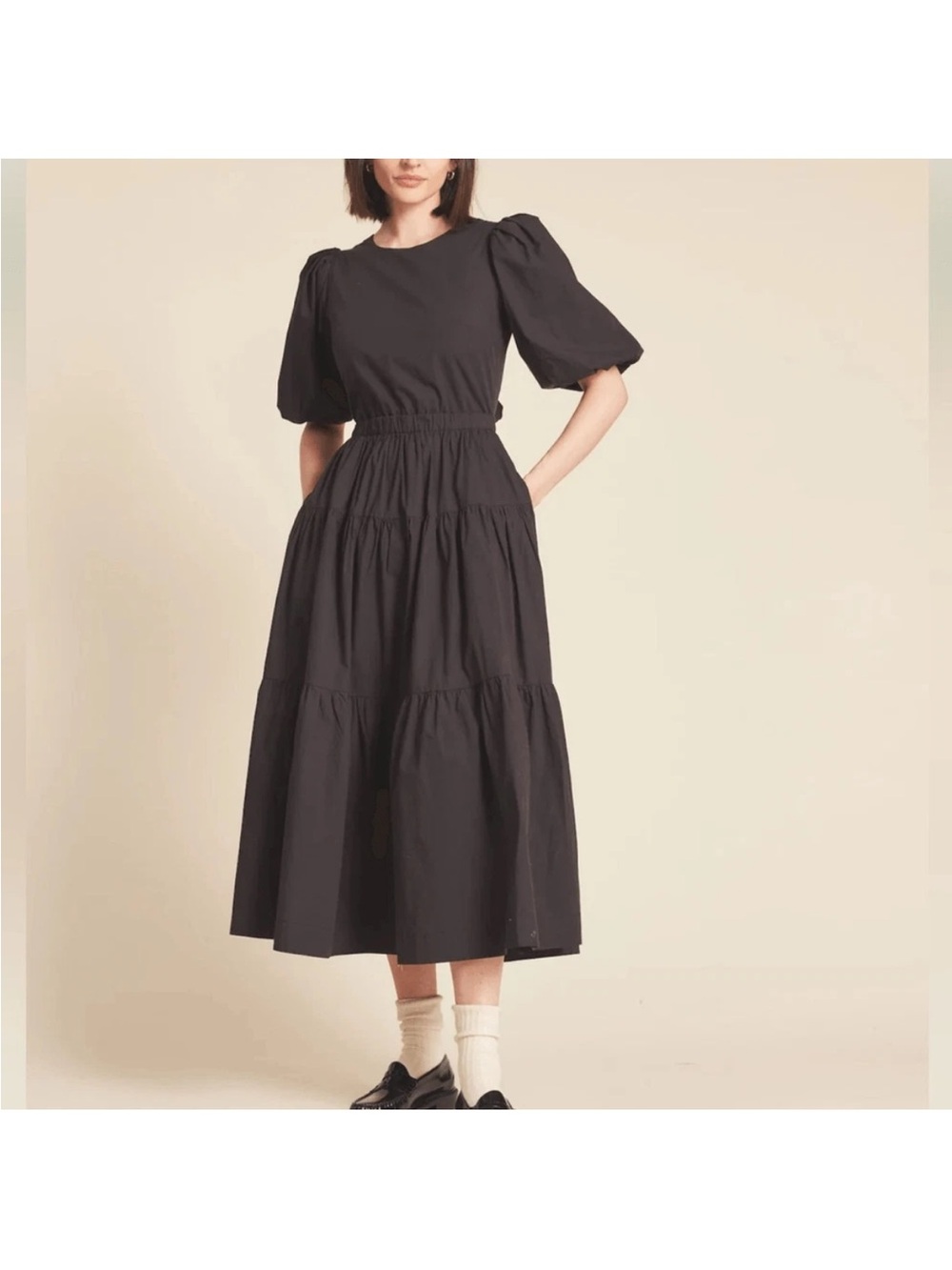 TROVATA BIRDS OF PARADIS DAPHNE Poplin Tiered MIDI DRESS BLACK Medium